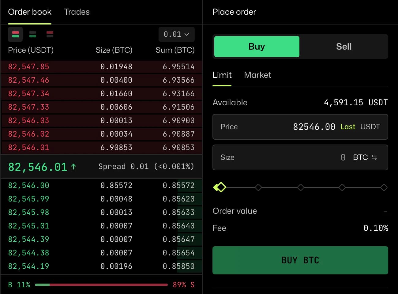 Order book and the order form with Buy and Sell