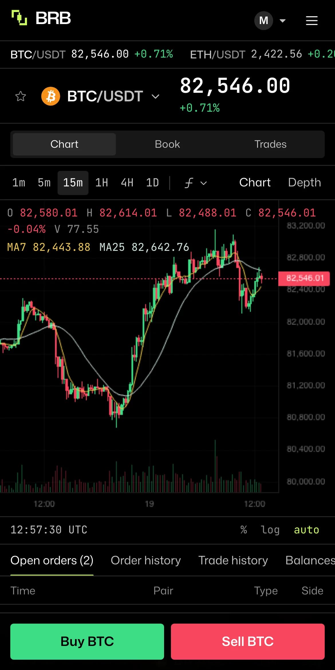 HASHBITX trade screen on a phone: BTC/USDT chart, open orders and Buy and Sell buttons